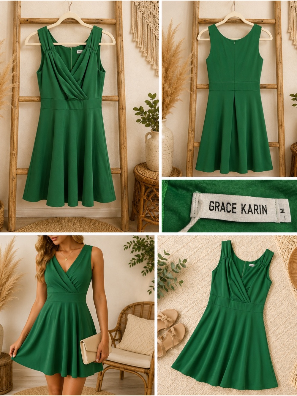 Grace Karin Emerald Green Sleeveless V-Neck Fit & Flare  Suze Medium Dress